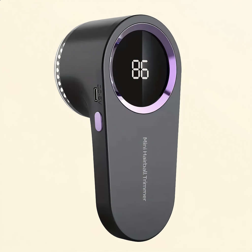 Rasoir anti-bouloches Bouloff noir à écran LED, vu de face sur fond crème